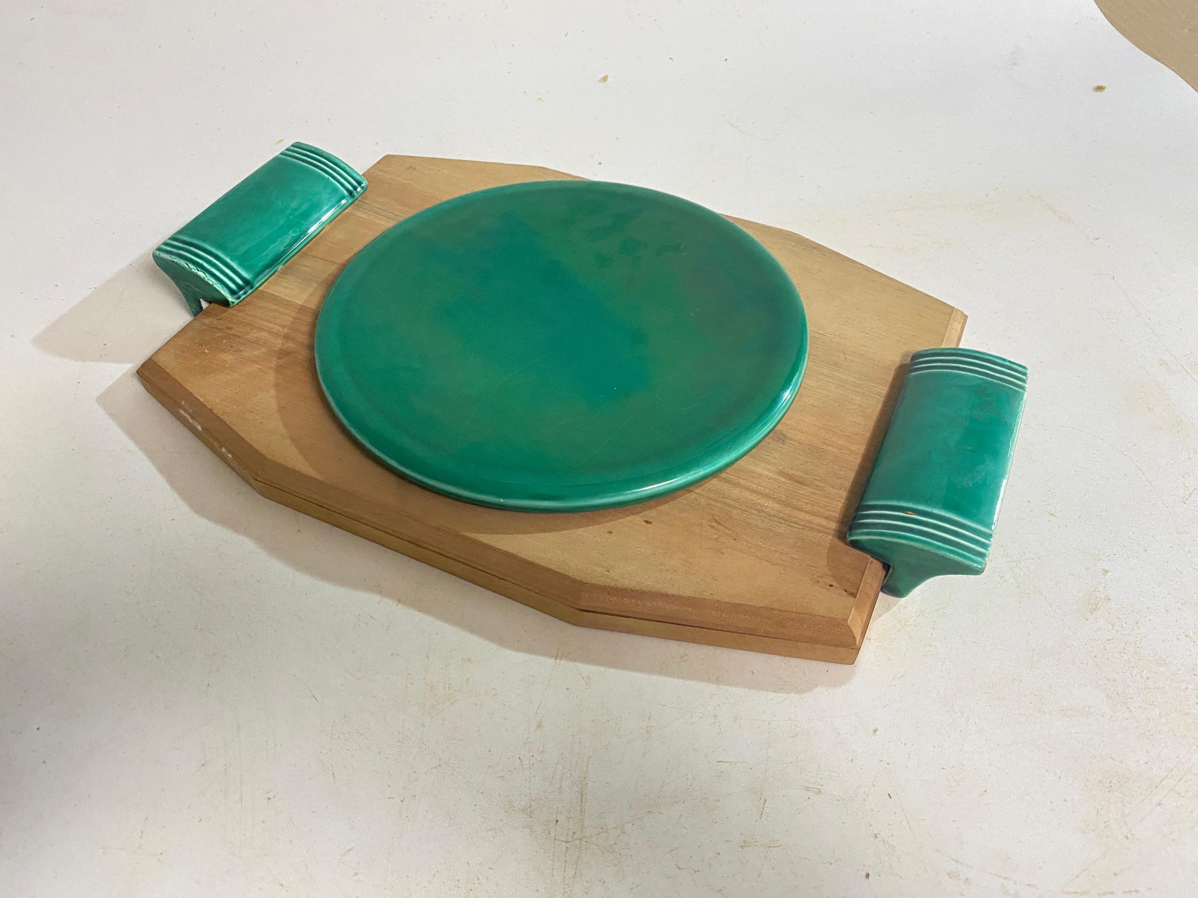Cheese Tray in Ceramic and Wood France 1970s Brown and Green Color For Sale 1