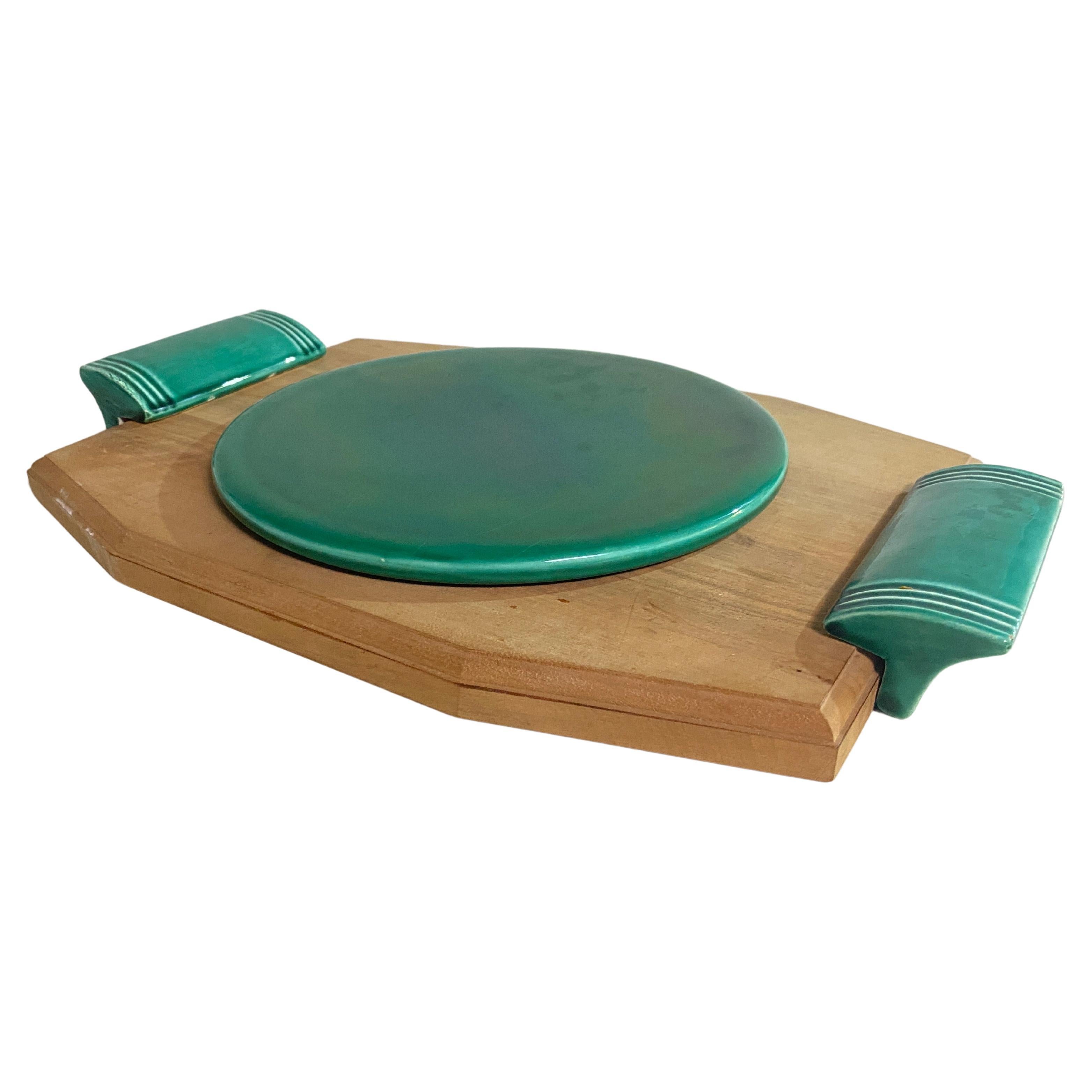 Cheese Tray in Ceramic and Wood France 1970s Brown and Green Color