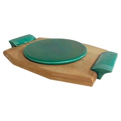 Cheese Tray in Ceramic and Wood France 1970s Brown and Green Color