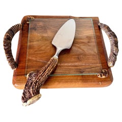 Cheese Tray with the knife in Wood and Horn France 1970s Brown Color