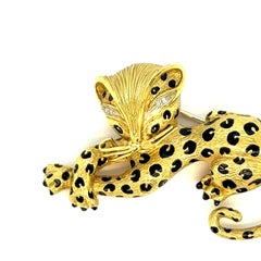 Cheetah Black Enamel Gold Brooch
