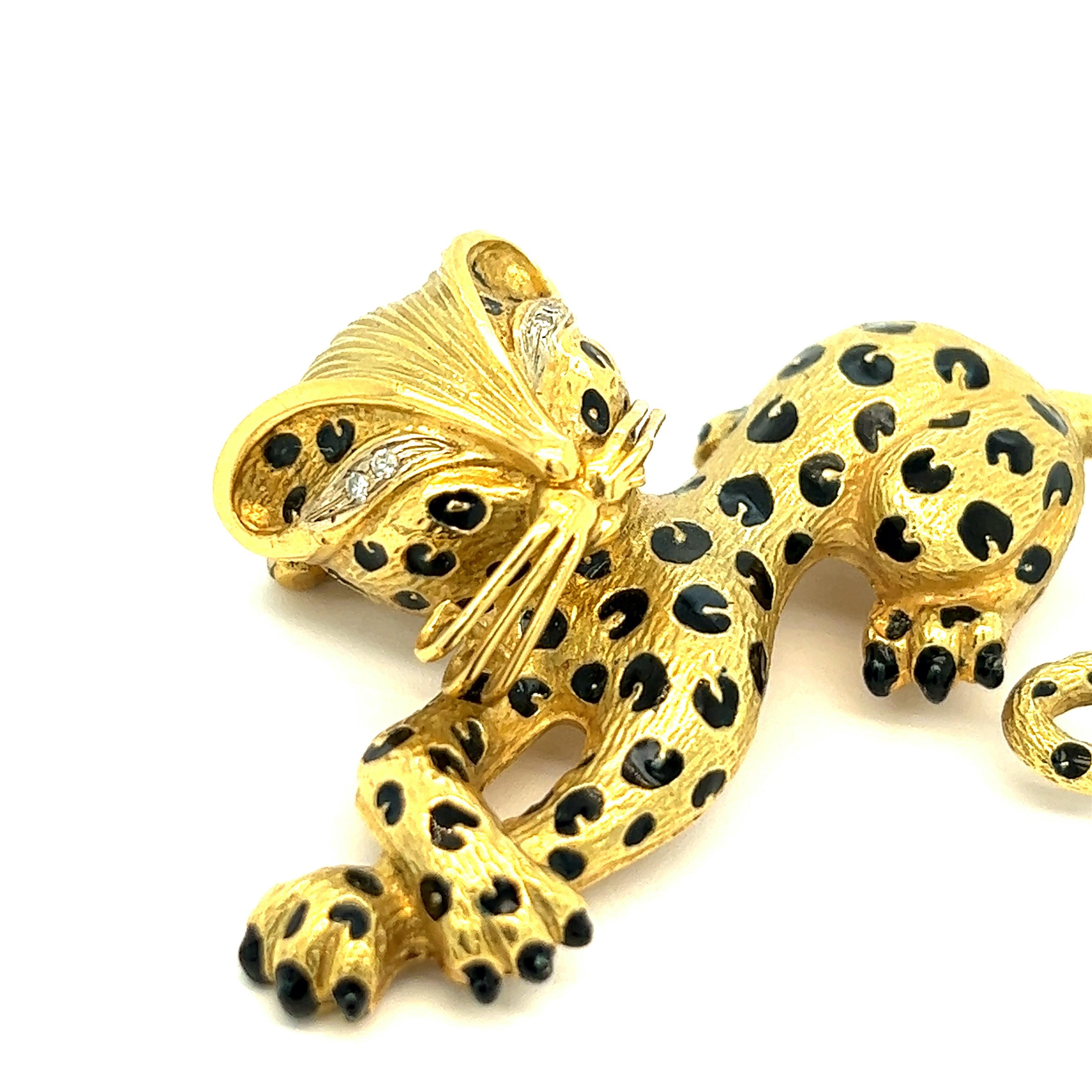 Contemporary Cheetah Black Enamel Gold Brooch For Sale