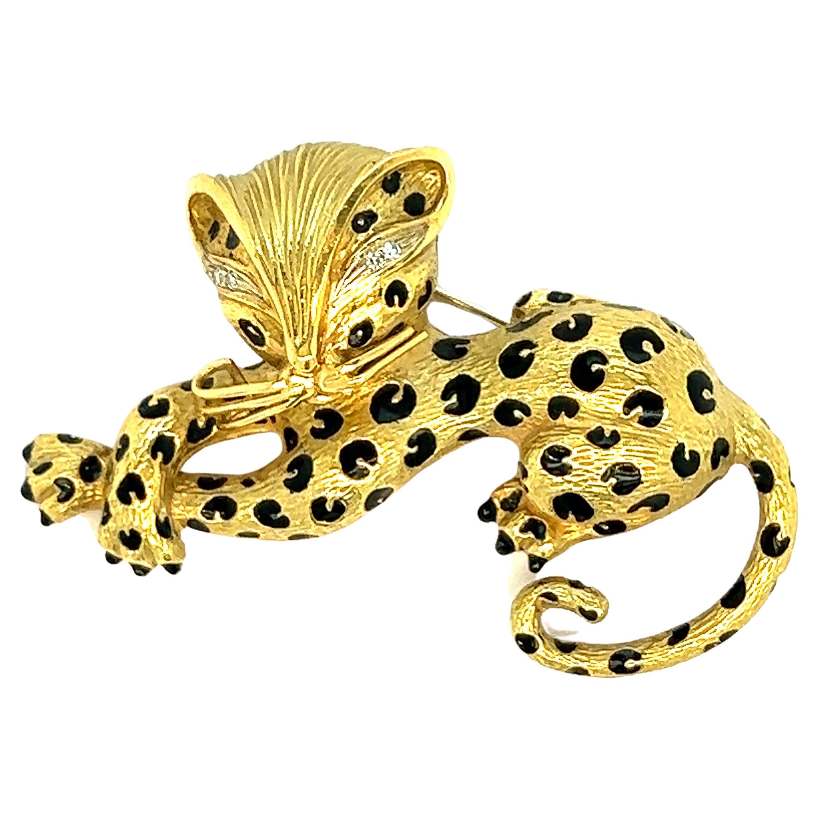 Cheetah Black Enamel Gold Brooch