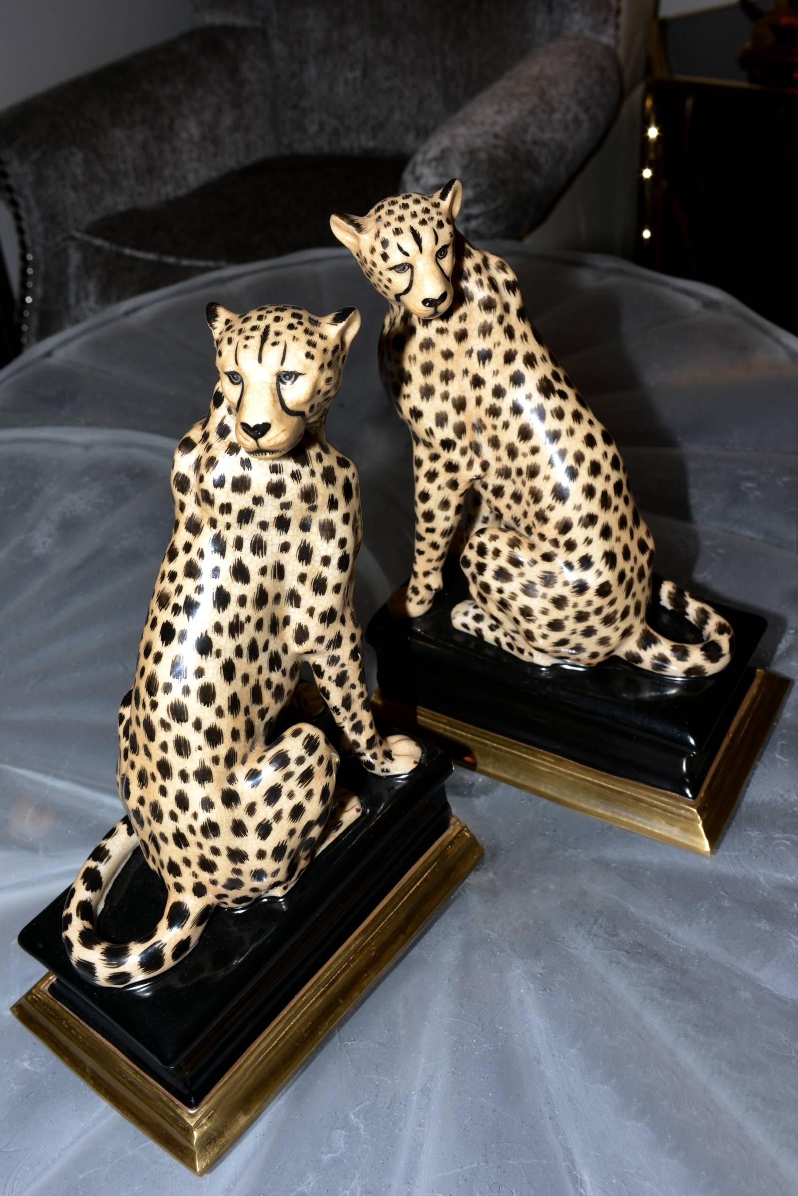 Italian Cheetah Bookends Set of Two in Porcelain with Brass Base For Sale