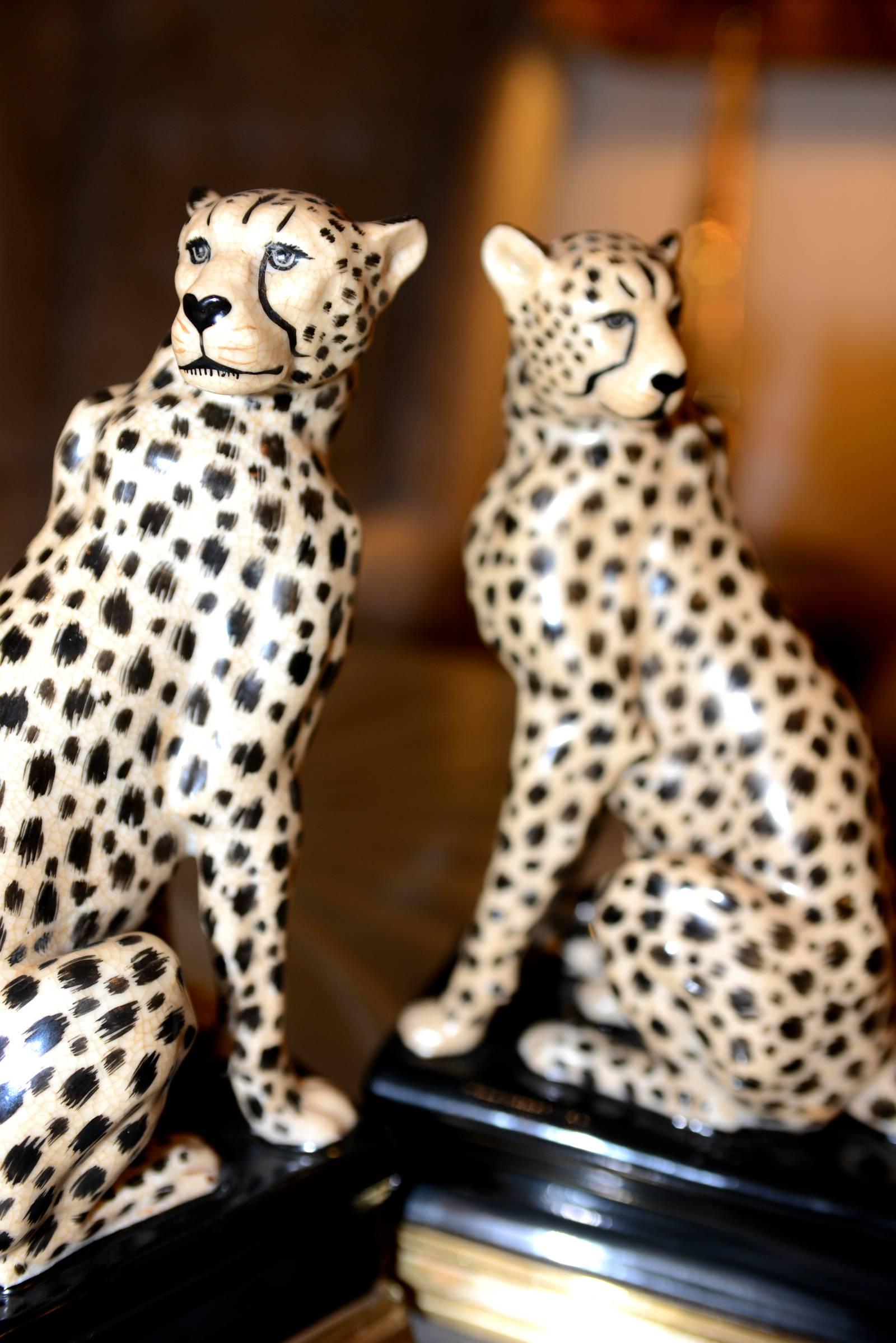 Hand-Crafted Cheetah Bookends Set of Two in Porcelain with Brass Base