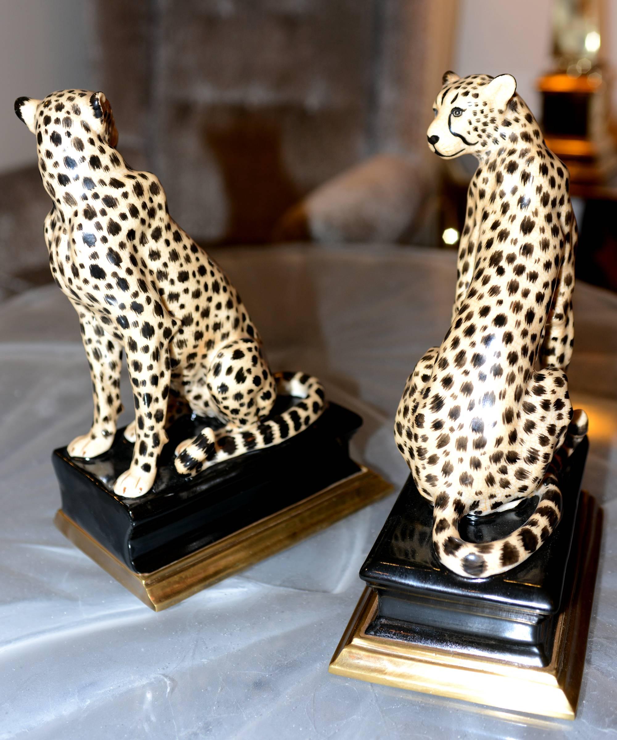 Contemporary Cheetah Bookends Set of Two in Porcelain with Brass Base