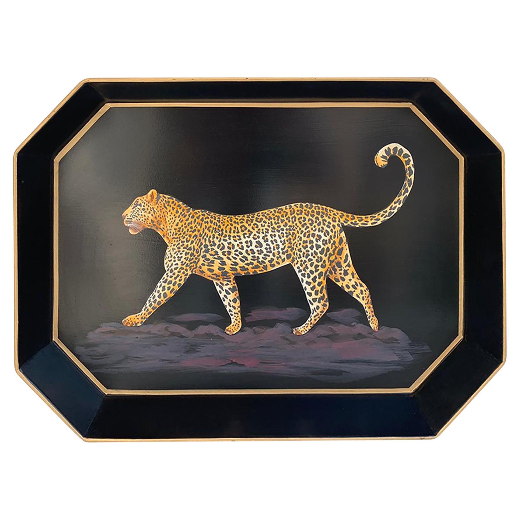 Cheetah Handpainted Iron Tray For Sale