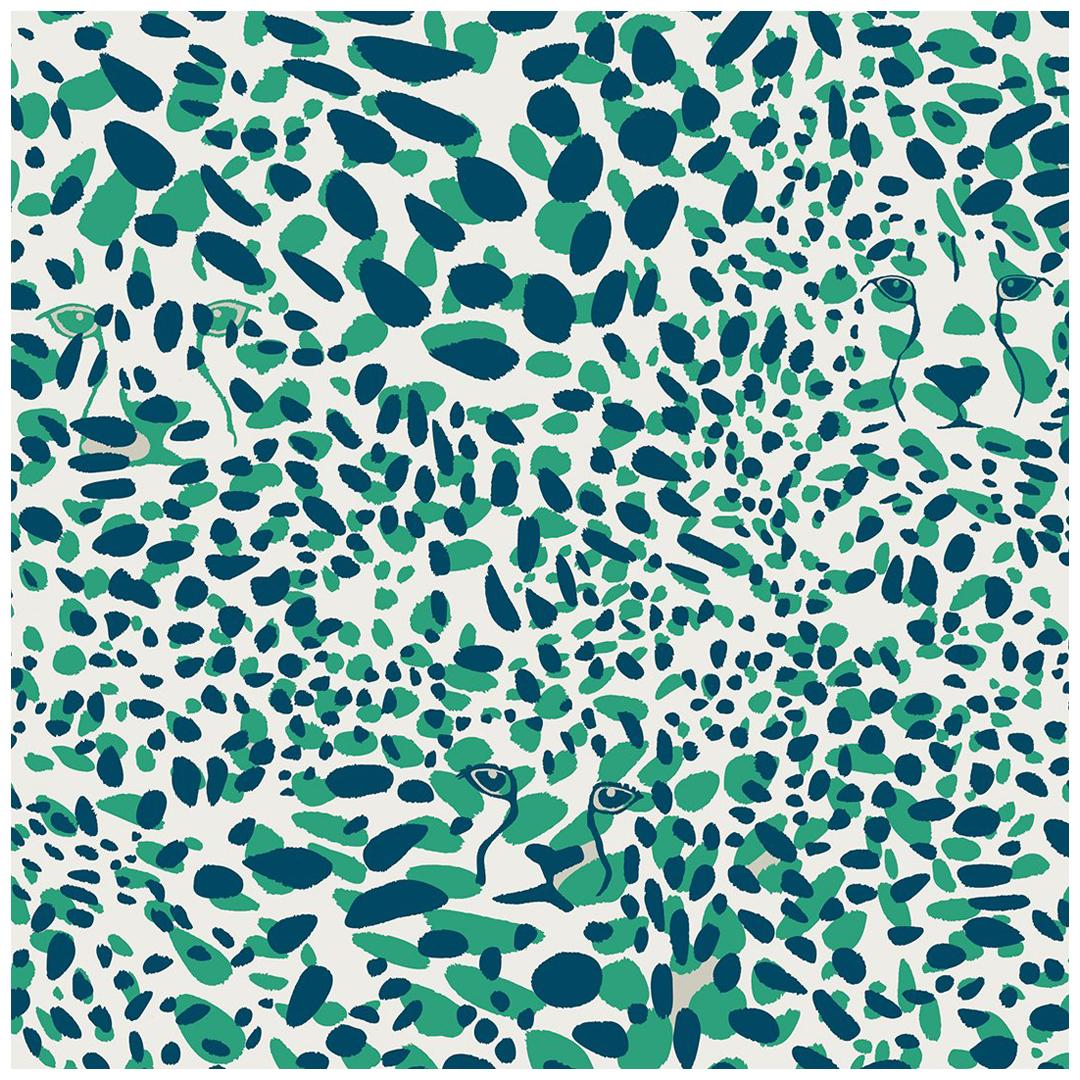 Cheetah Vision Designer Wallpaper in Grassland 'Teal, Green and White' For Sale