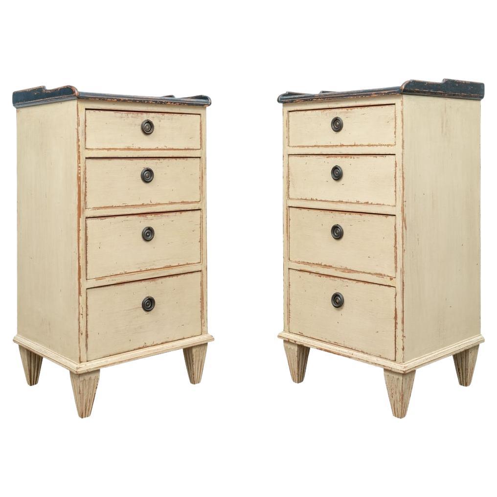 Chelsa Textile Gustavian Style Distressed Bedside Tables For Sale