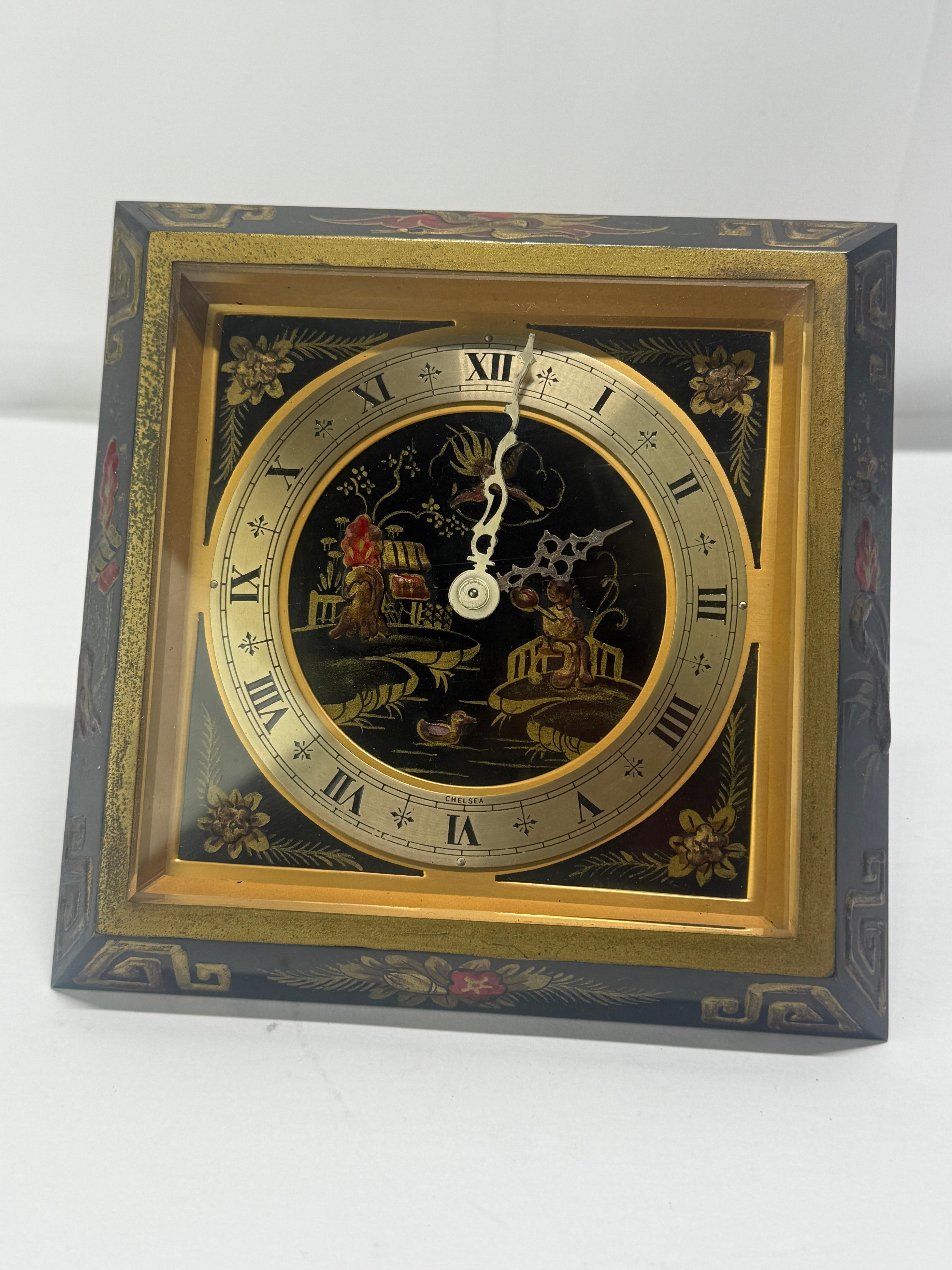 American Chelsea Chinoiserie Japanned Desk Clock, Boston, c. 1925 For Sale