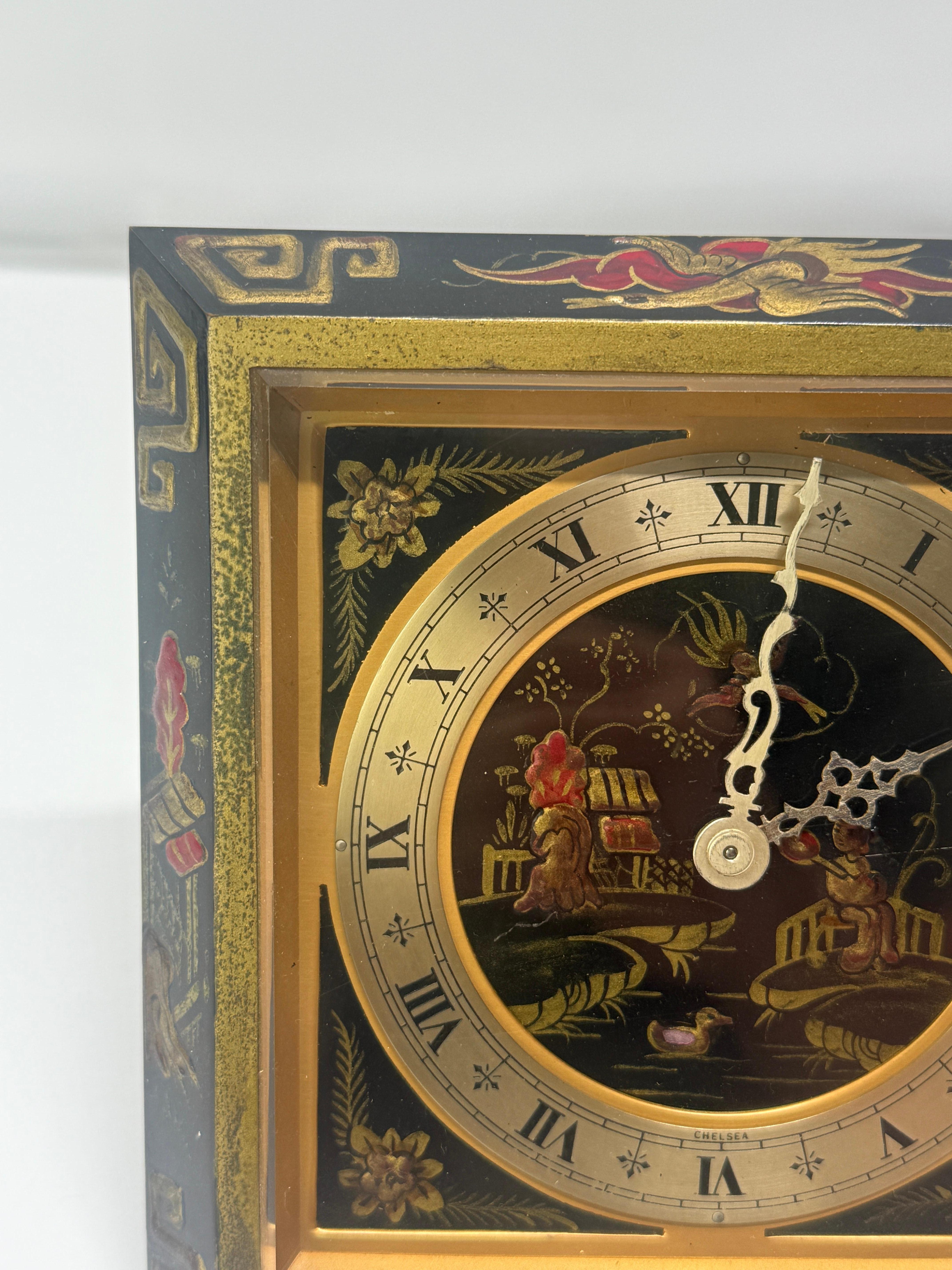 20th Century Chelsea Chinoiserie Japanned Desk Clock, Boston, c. 1925 For Sale