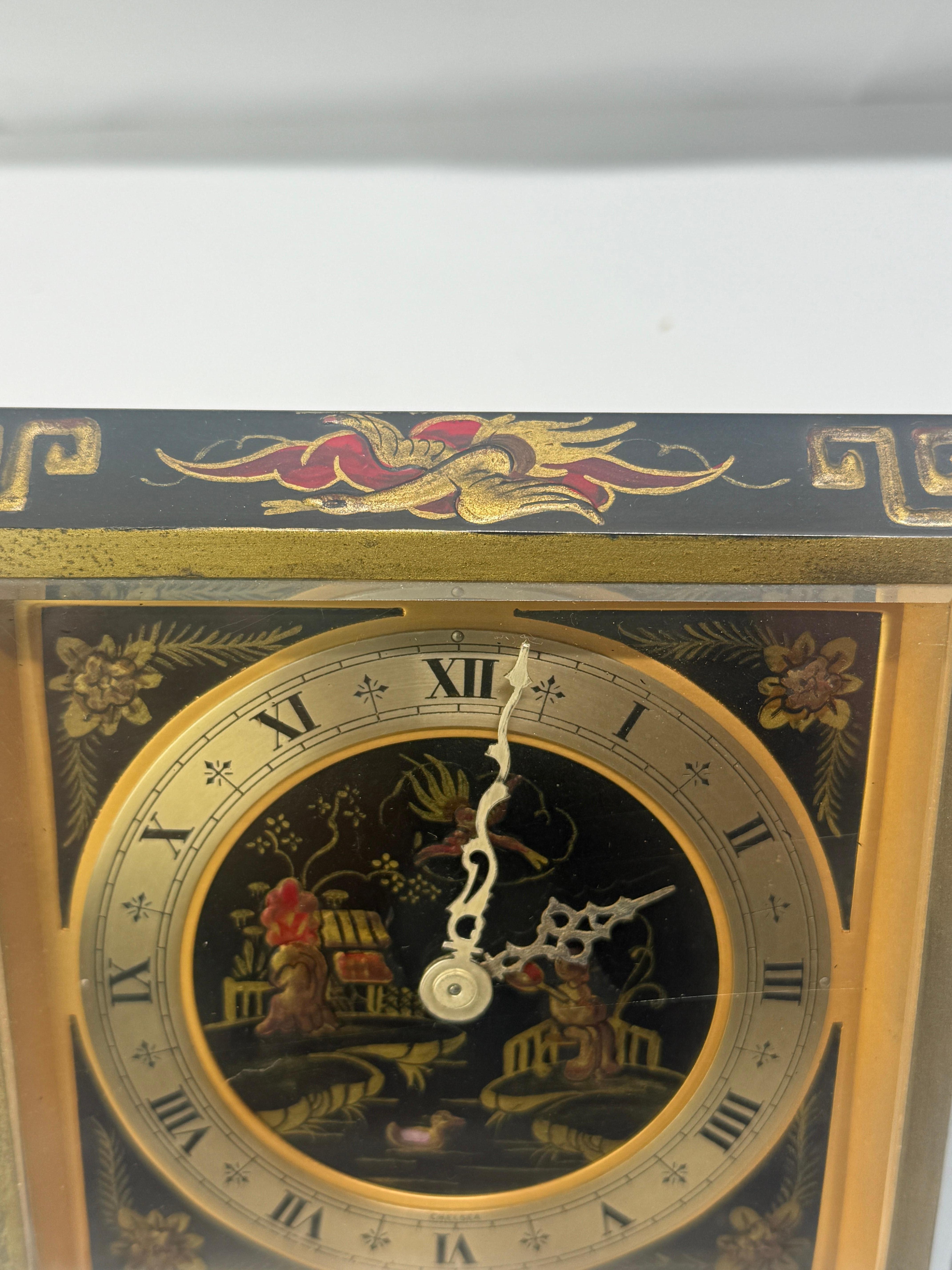 Brass Chelsea Chinoiserie Japanned Desk Clock, Boston, c. 1925 For Sale