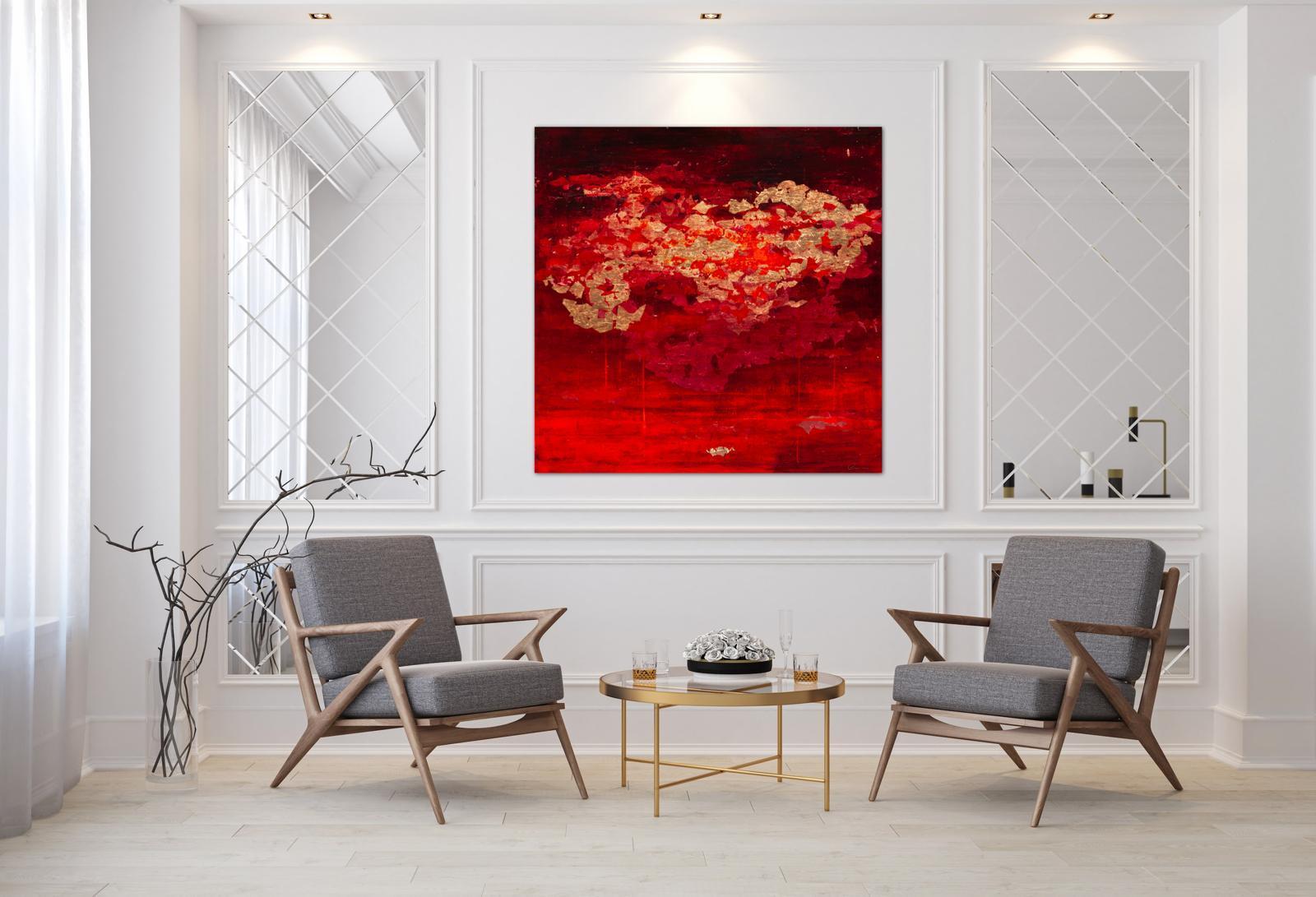 Astratto con oro - XXI secolo, Olio, astratto, notte, foglia d'oro - Abstract Painting Rosso di Chelsea Davine