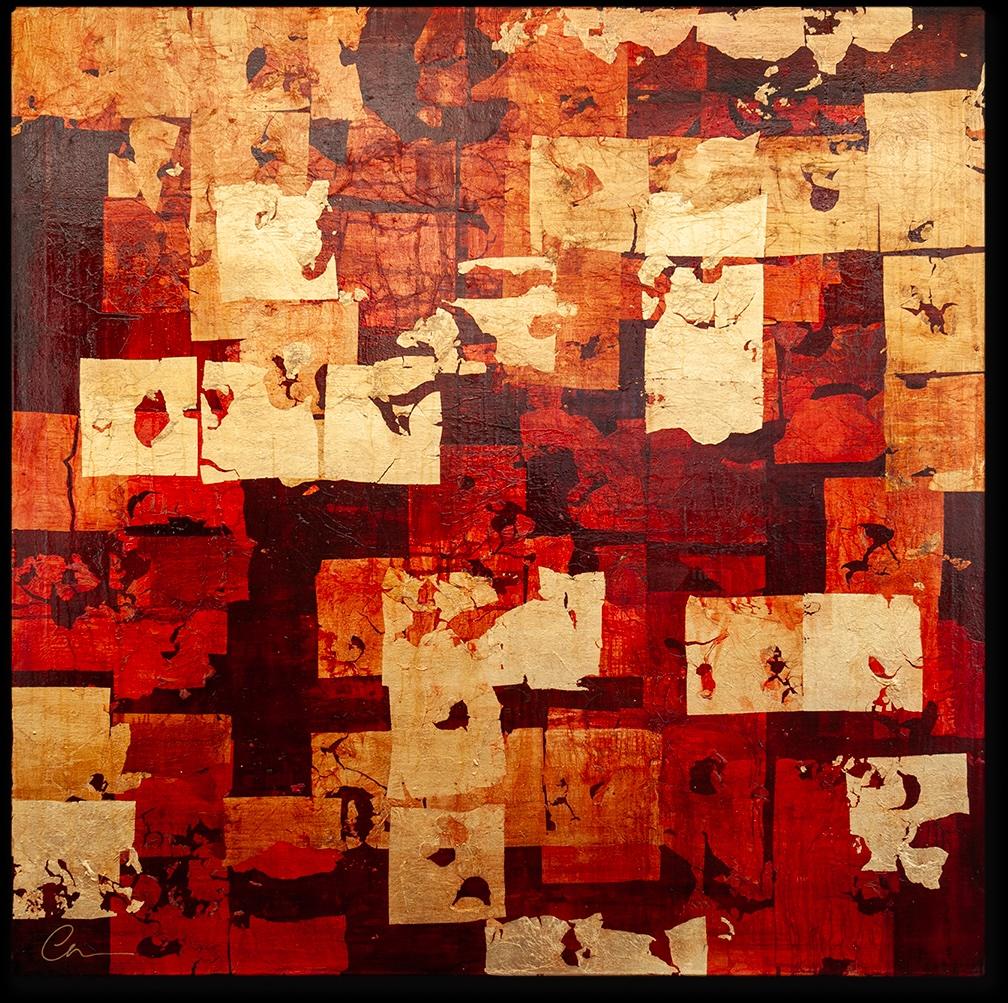 Abstract with Gold Squares- 21st Century, Oil, abstract, night, gold leaf