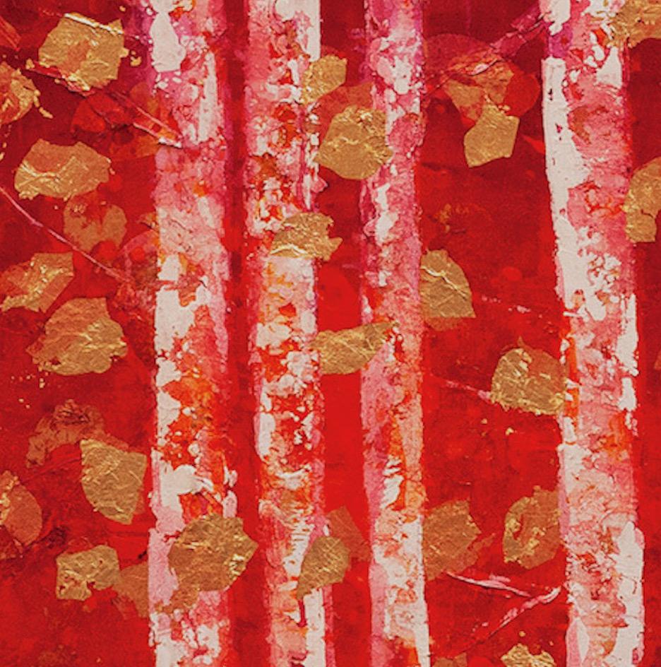 Autumn Woods- 21° secolo, Olio, astratto, notte, rosso, foglia d'oro - Painting di Chelsea Davine