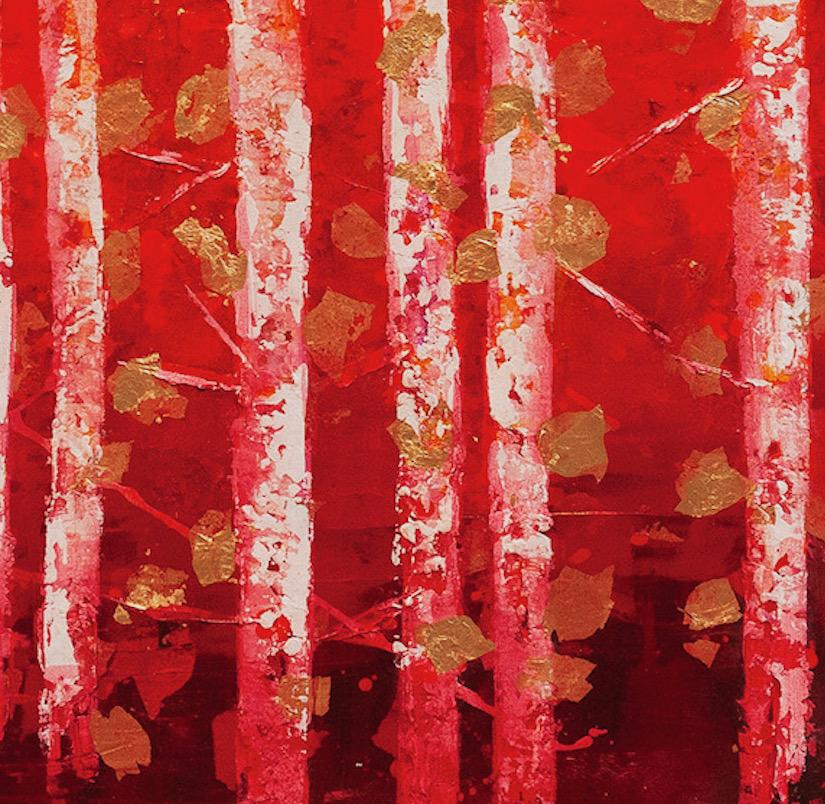 Autumn Woods- 21° secolo, Olio, astratto, notte, rosso, foglia d'oro - Abstract Painting Rosso di Chelsea Davine