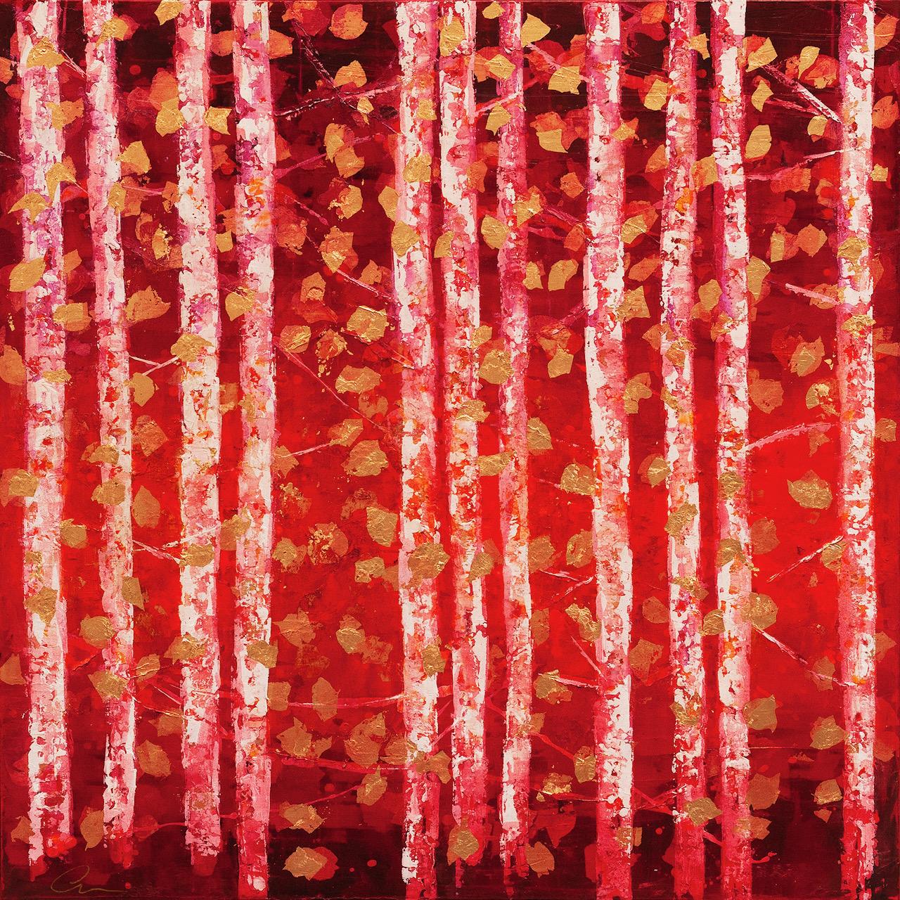 Abstract Painting di Chelsea Davine - Autumn Woods- 21° secolo, Olio, astratto, notte, rosso, foglia d'oro