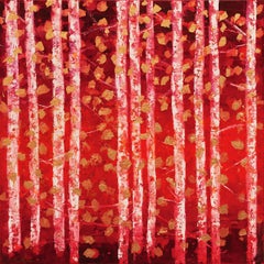 Autumn Woods- 21st Cent., Oil, abstract, night, red, gold leaf