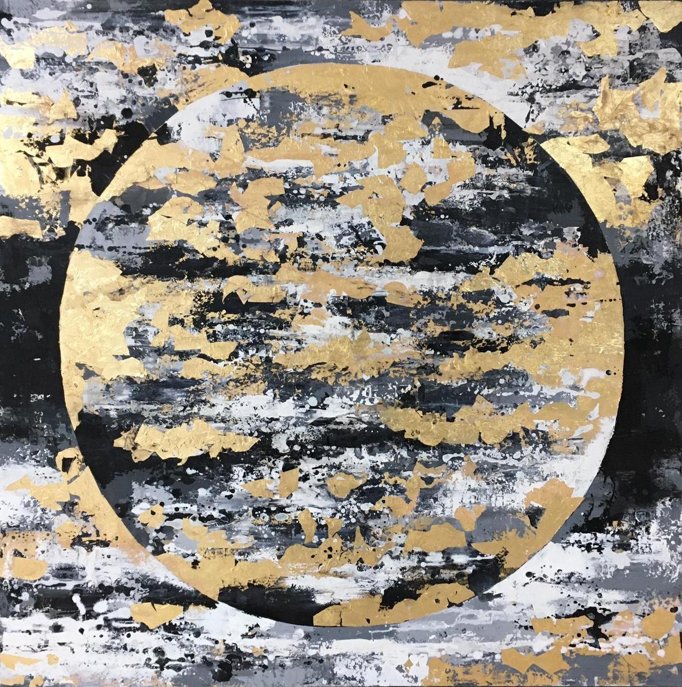 Chelsea Davine Abstract Painting - Black And Gold Moon - 21st Century, Contemporary, Painting, Gold Leaf, Moon