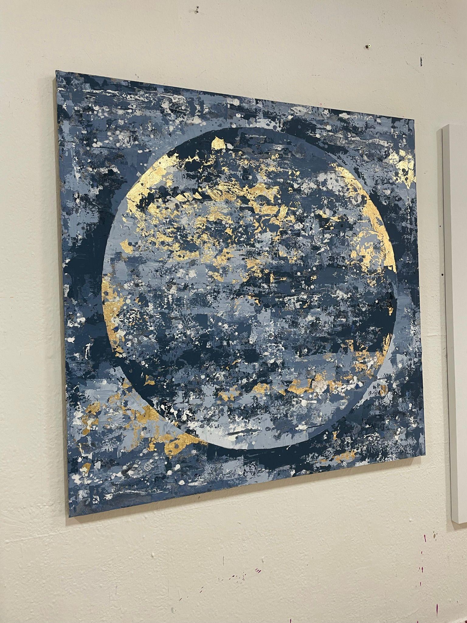 Blue Moon - 21st Century, Oil painting, abstract, night, blue, gold leaf - Abstract Painting by Chelsea Davine