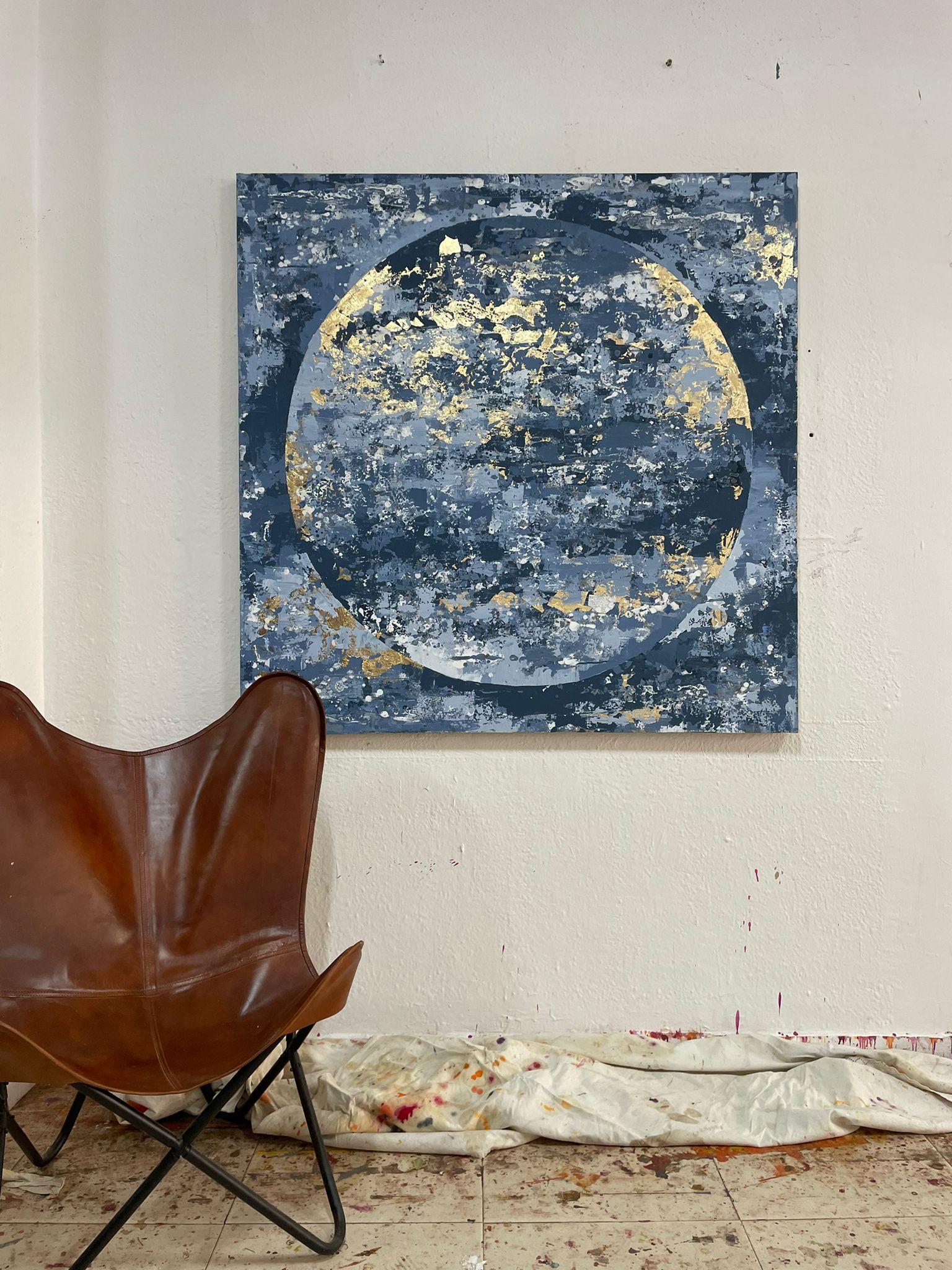Blue Moon - 21st Century, Oil painting, abstract, night, blue, gold leaf For Sale 1