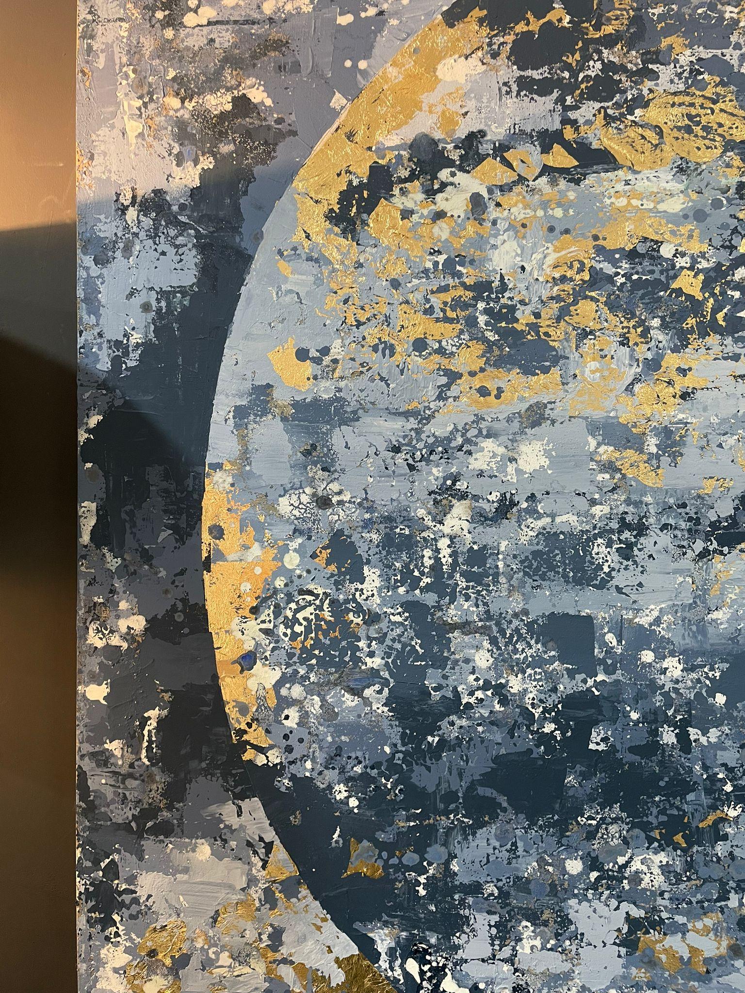 Blue Moon - 21st Century, Oil painting, abstract, night, blue, gold leaf For Sale 3