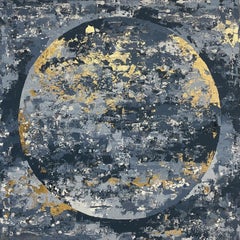 La lune bleue - 21e siècle, peinture à l'huile, abstrait, nuit, bleu, feuille d'or