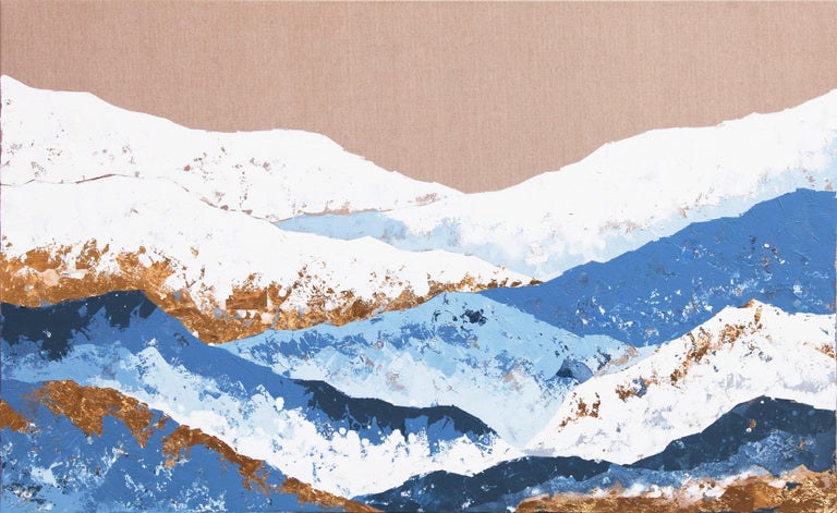 Chelsea Davine Landscape Painting - Blue Mountains - 21st Century, Contemporary Figurative Painting, Gold, Mountains