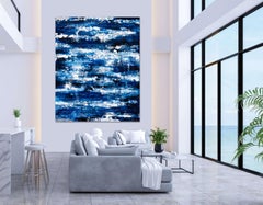 Bleu profond avec Silver - 21e siècle, Huile, abstrait, nuit, feuille d'or