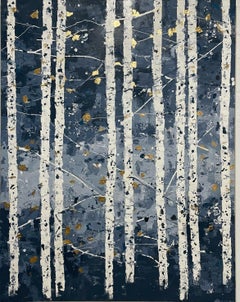 Première chute de neige en bleu - 21e siècle, contemporain, abstrait, peinture à l'huile, feuille d'or