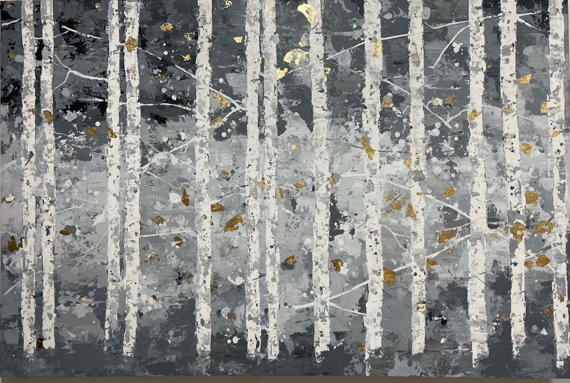 Chelsea Davine Figurative Painting - First Snowfall in Grey- 21st C., Contemporary, Abstract, Oil Painting, Gold Leaf