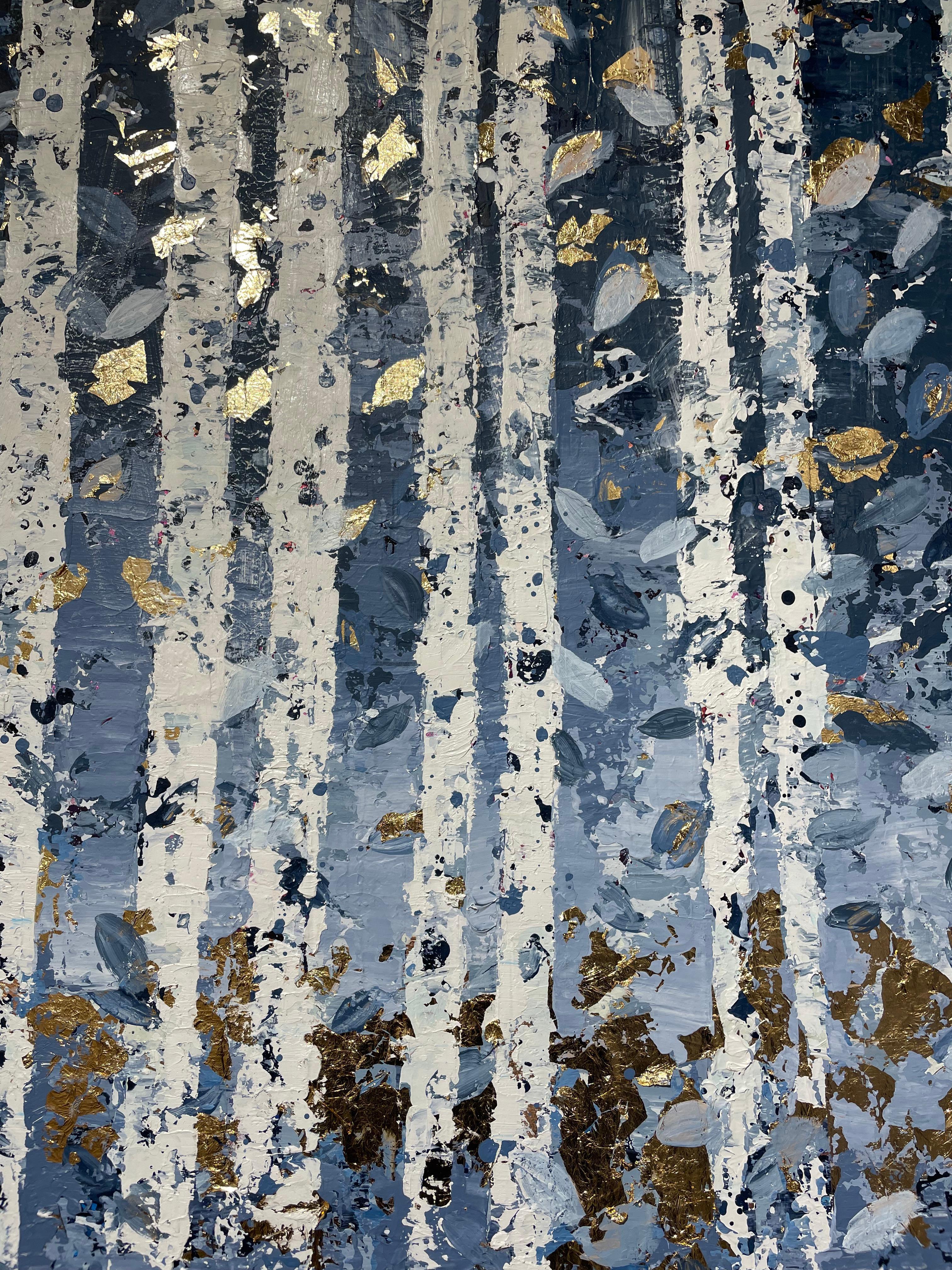 Medianoche con Hojas Doradas- 21st Cent., Oil, abstract, night, blue, gold leaf - Abstract Painting by Chelsea Davine