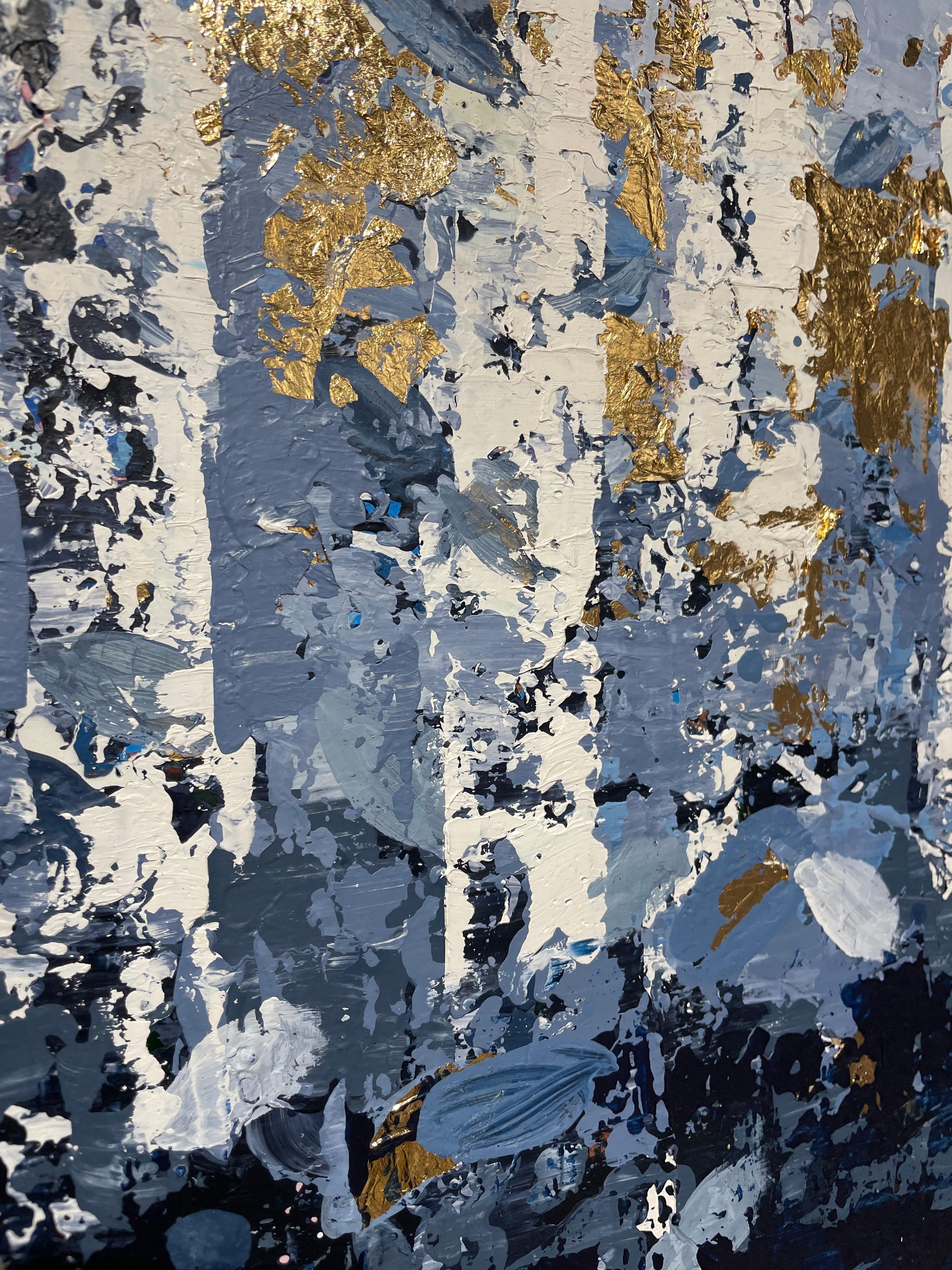 Medianoche con Hojas Doradas- 21st Cent., Oil, abstract, night, blue, gold leaf For Sale 1