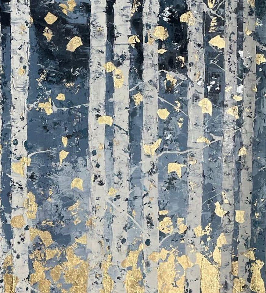 Medianoche en el Bosque - 21st Century, Oil painting, abstract, fall, gold leaf - Painting by Chelsea Davine