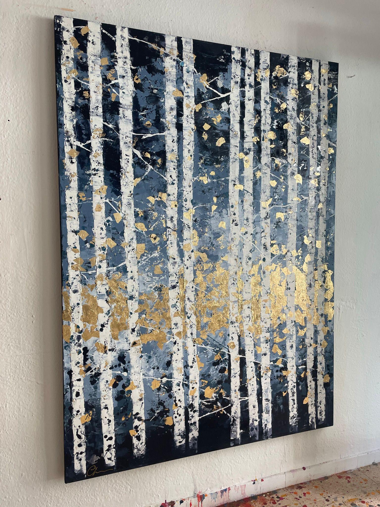 Medianoche en el Bosque - 21st Century, Oil painting, abstract, fall, gold leaf - Brown Abstract Painting by Chelsea Davine