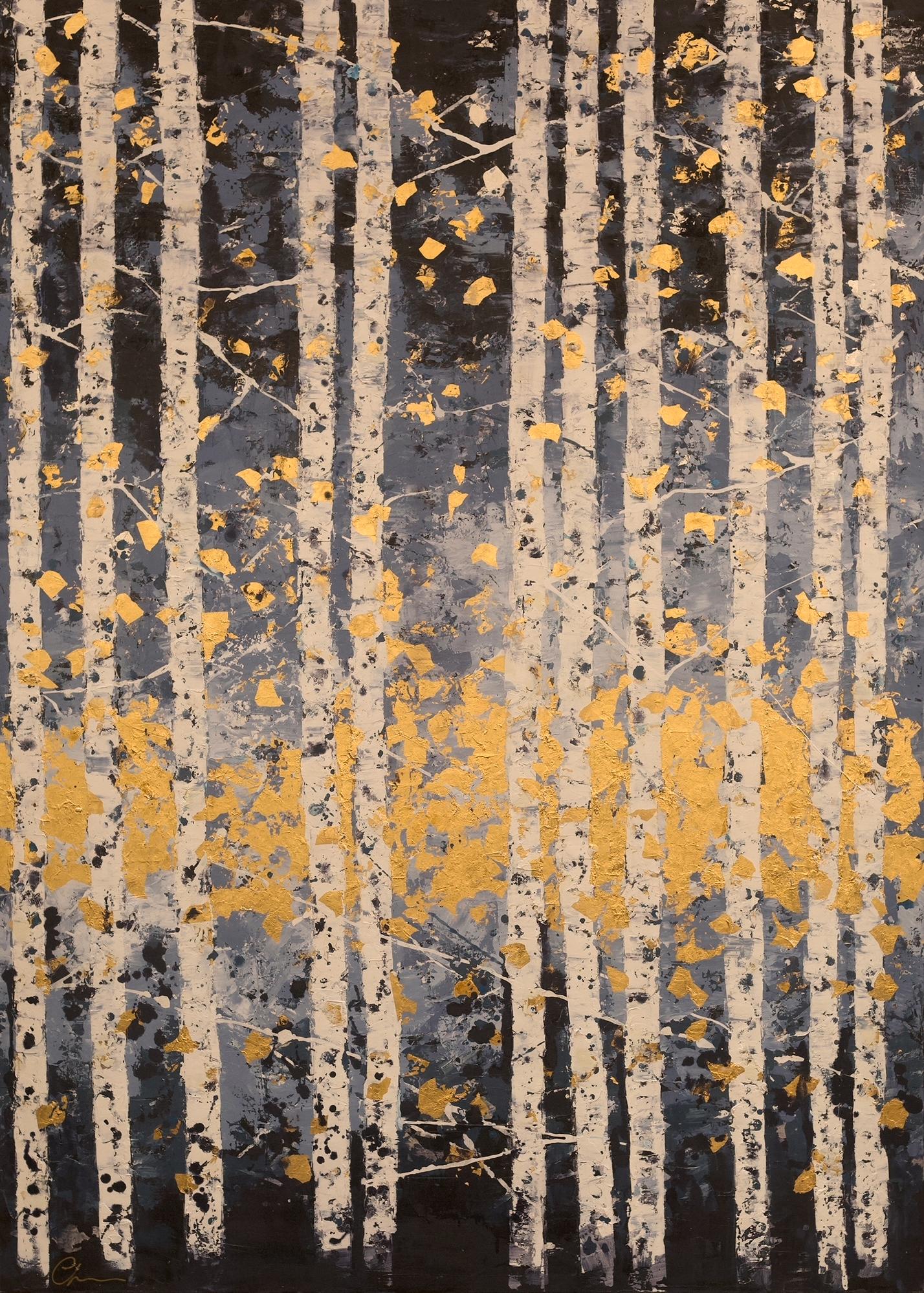 Medianoche en el Bosque – 21. Jahrhundert, Ölgemälde, abstrakt, Herbst, Blattgold