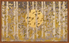 Midsummer Woods - 21. Jh., Öl, abstrakt, Nacht, rot, Blattgold