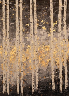 Midwinter Wood - 21e siècle, Huile, abstrait, nuit, bleu, feuille d'or