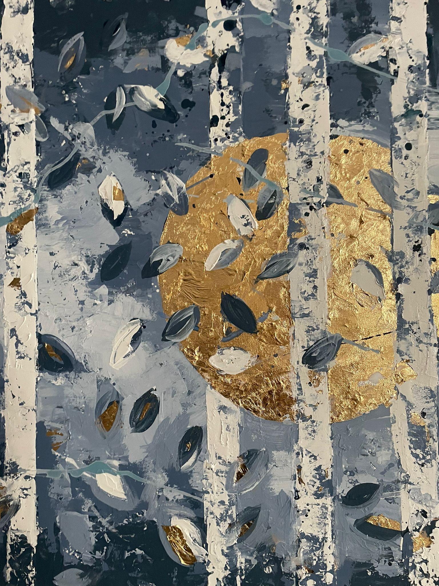 Moonlight through the Woods - 21st Cent., Oil, abstract, night, blue, gold leaf - Painting by Chelsea Davine