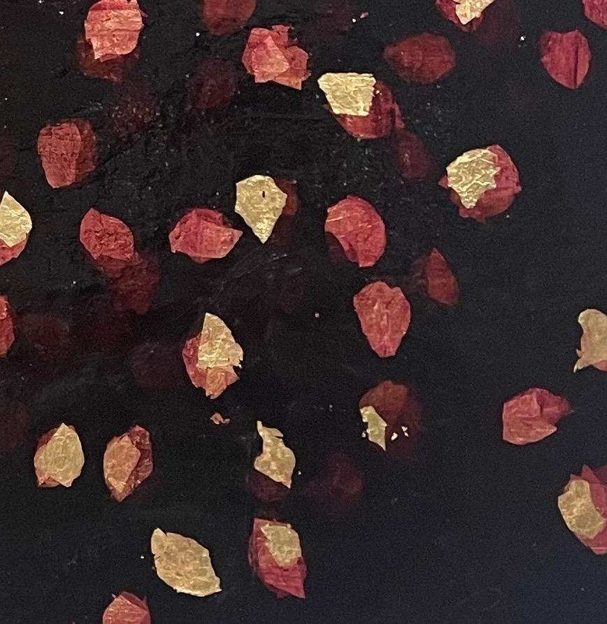 Complete title: Moonrise Over Long Beach
Oil and gold leaf on canvas

For centuries, artisans and artists have turned to gold leaf as a way to make their creations shimmer and shine. Also many contemporary artists continue to use gold leaf in their