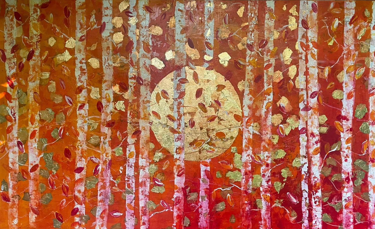 Abstract Painting di Chelsea Davine - Il sorgere della luna attraverso il Wood - XXI secolo, Olio, astratto, notte, rosso, foglia d'oro