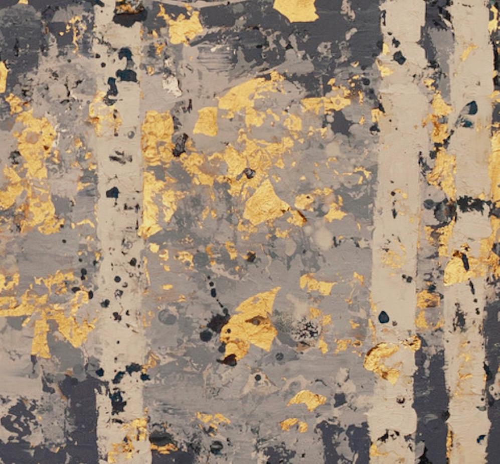 Pale Blue Woods - 21st Cent., Oil, abstract, night, blue, gold leaf - Painting by Chelsea Davine