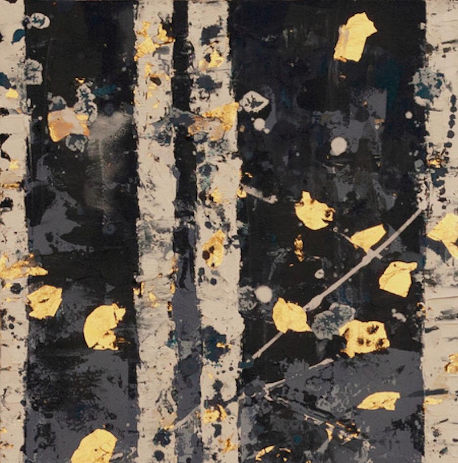Pale Blue Woods - 21st Cent., Oil, abstract, night, blue, gold leaf - Abstract Painting by Chelsea Davine