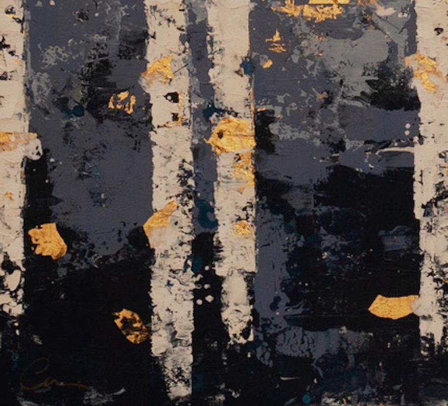 Pale Blue Woods - 21st Cent., Oil, abstract, night, blue, gold leaf - Gold Abstract Painting by Chelsea Davine