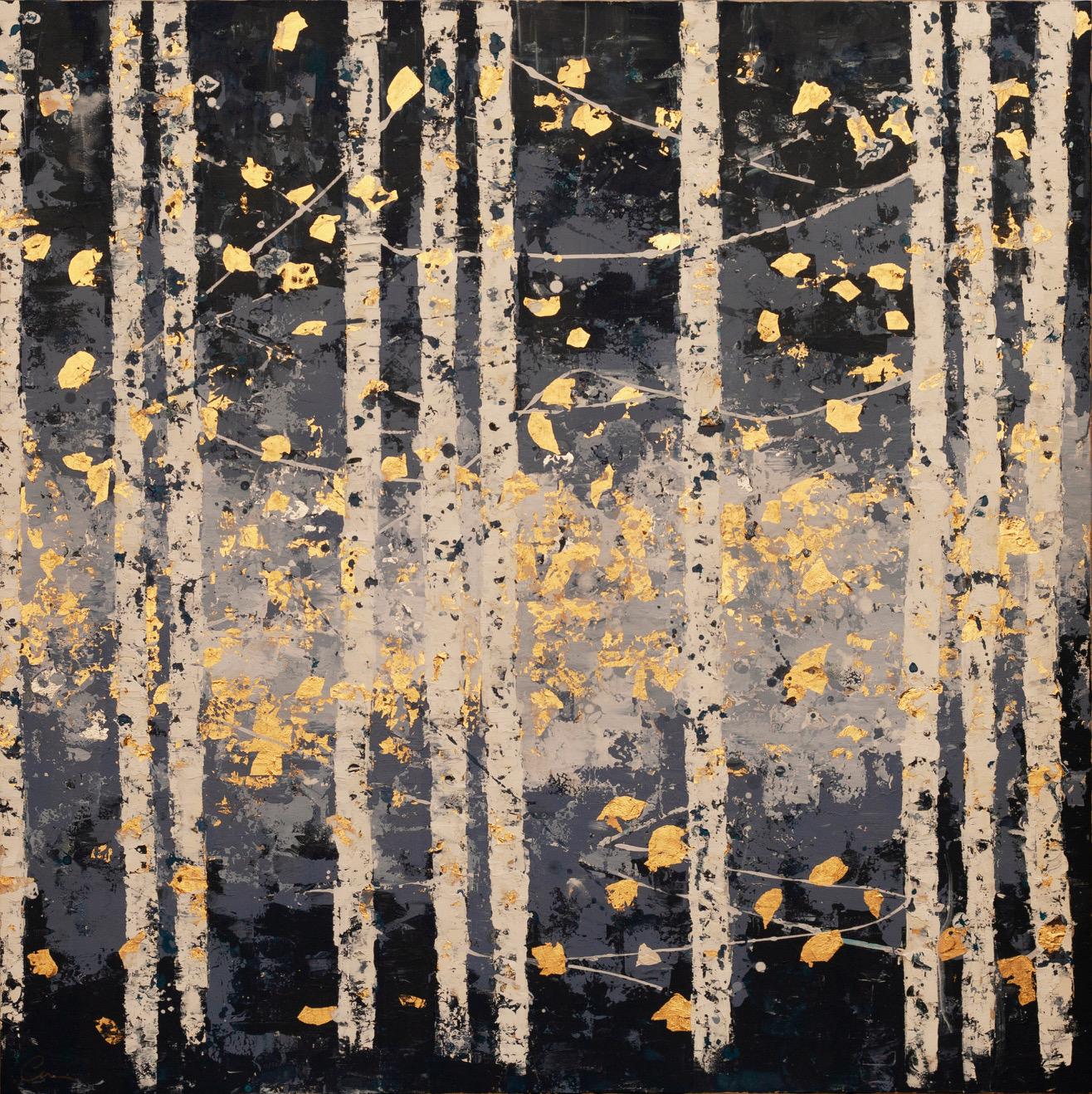 Chelsea Davine Abstract Painting - Pale Blue Woods - 21st Cent., Oil, abstract, night, blue, gold leaf