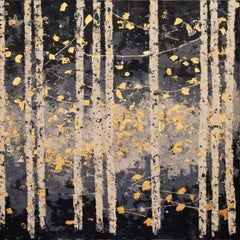 Pale Blue Woods - 21st Cent., Oil, abstract, night, blue, gold leaf