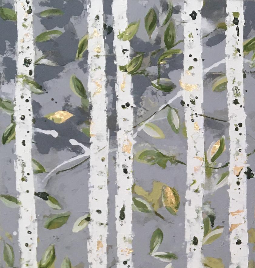  Pale Green Leaves - 21st Century, Contemporary, Figurative-Abstract Painting - Gold Landscape Painting by Chelsea Davine