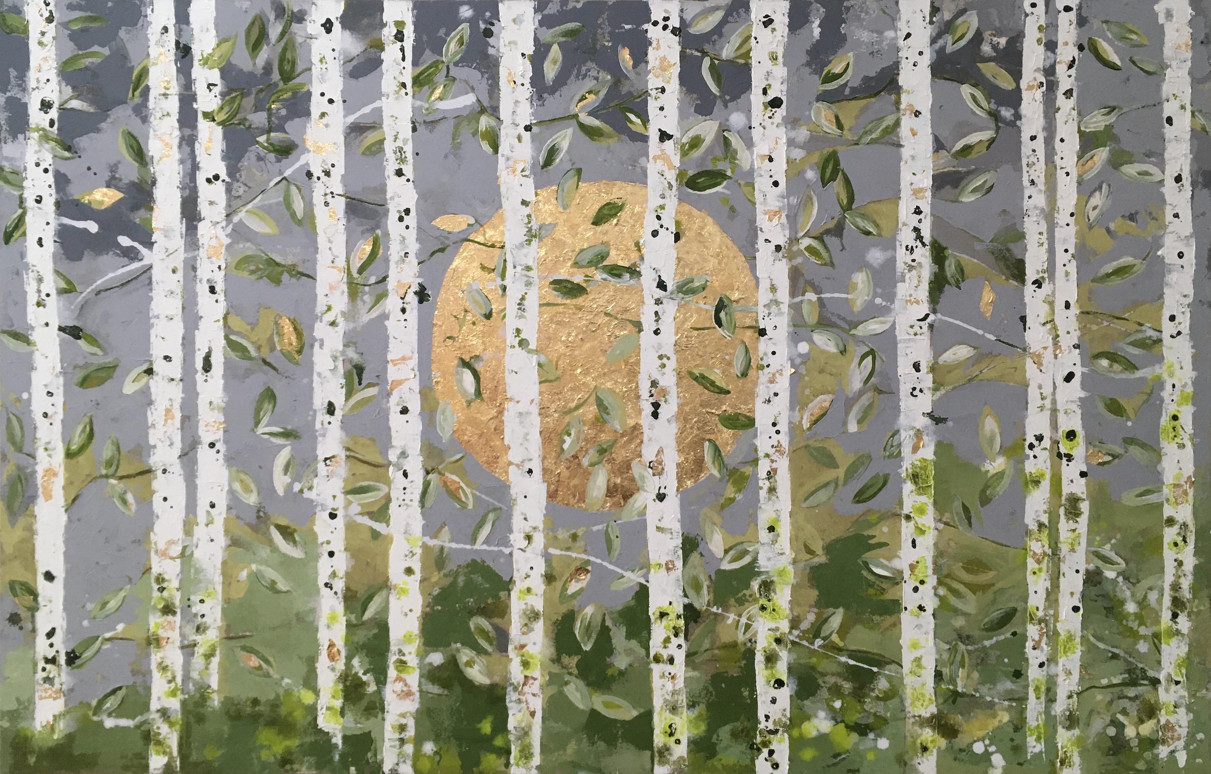 Chelsea Davine Landscape Painting -  Pale Green Leaves - 21st Century, Contemporary, Figurative-Abstract Painting