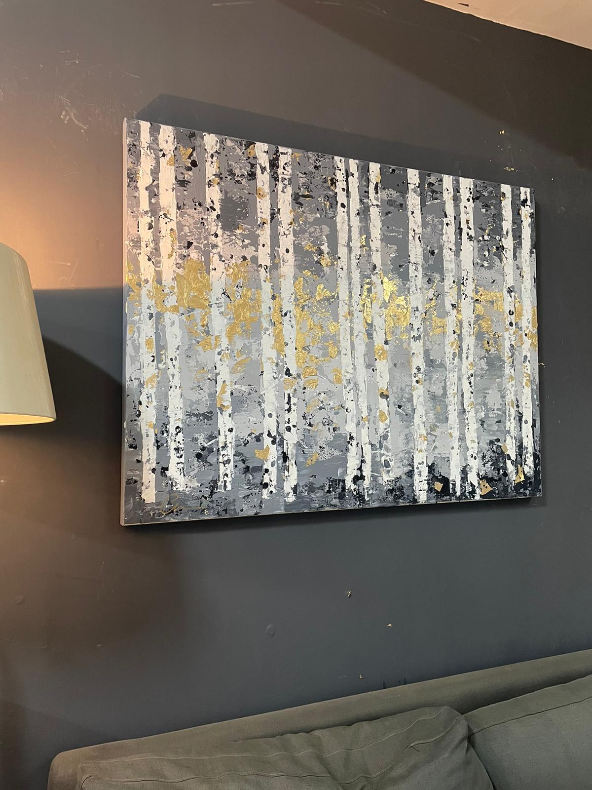 Pale Grey Woods - 21st Century, Oil painting, abstract, night, blue, gold leaf - Gray Abstract Painting by Chelsea Davine