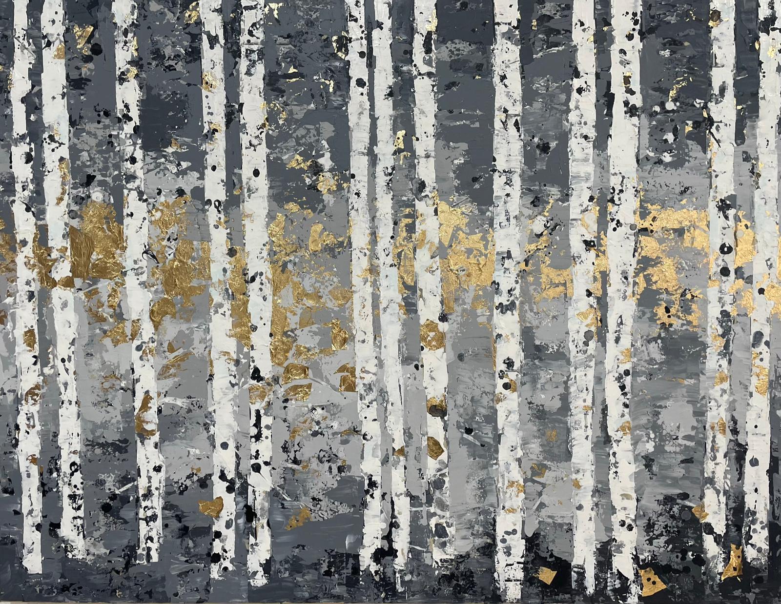 Pale Grey Woods - 21st Century, Oil painting, abstract, night, blue, gold leaf
